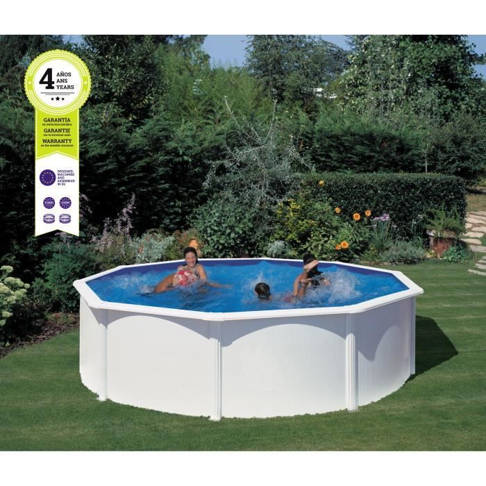 GRE - Kit Piscine hors sol acier ronde blanche - Atlantis - Ø480 x 132 cm (Livrée avec une échelle, filtre à sable et un tapis)