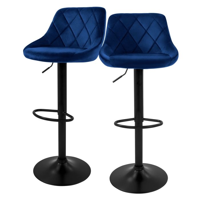 Tabouret de bar lot de 2 bleu revêtement velours dossier et repose-pieds réglables en hauteur 62-82cm ML-Design