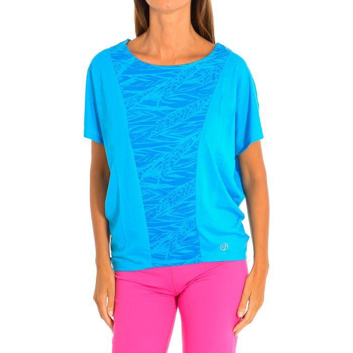 T-shirt de sport à manches courtes et col rond pour femme Z1T00685-Bleu à motifs