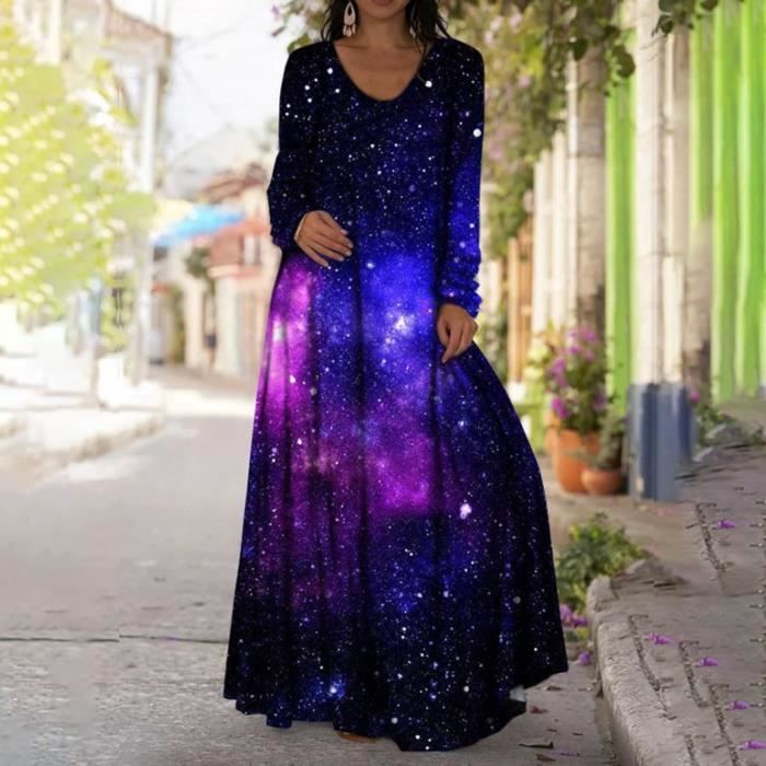 Robe longue imprim?�e 10D ?� manches longues et col rond pour femmes Mauve Mauve - Cdiscount Pr??t 