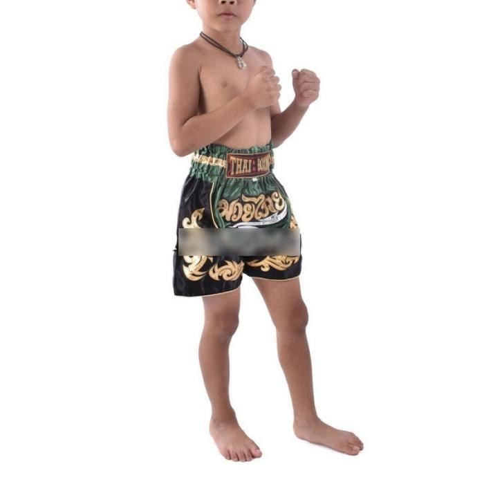 Short Enfant Traditionnel THAI Boxe Kickboxing Special Muay Thai MMA, Couleur Verte, Taille Enfants 10-12 ANS