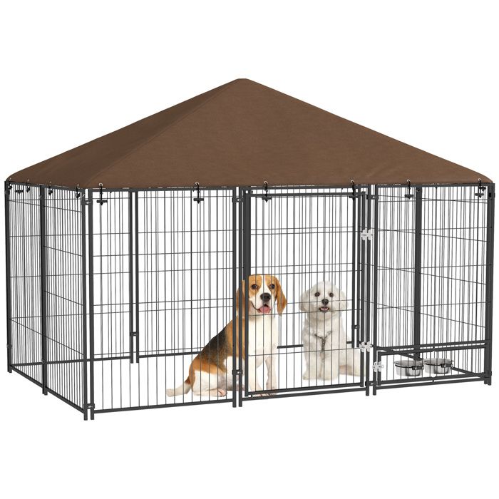 Chenil extérieur pour Chiens PawHut en acier et Tissu Oxford avec Support gamelle et Toit résistant aux intempéries Espace spacieux