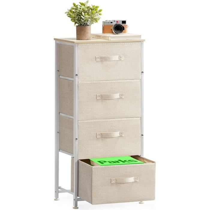 Commode 4 Tiroirs Tissu HOMCOM - Meuble Rangement Pliable Lin Beige Bois Naturel - 59x28x50 Cm Chambre, Bureau, Salon, Enfant