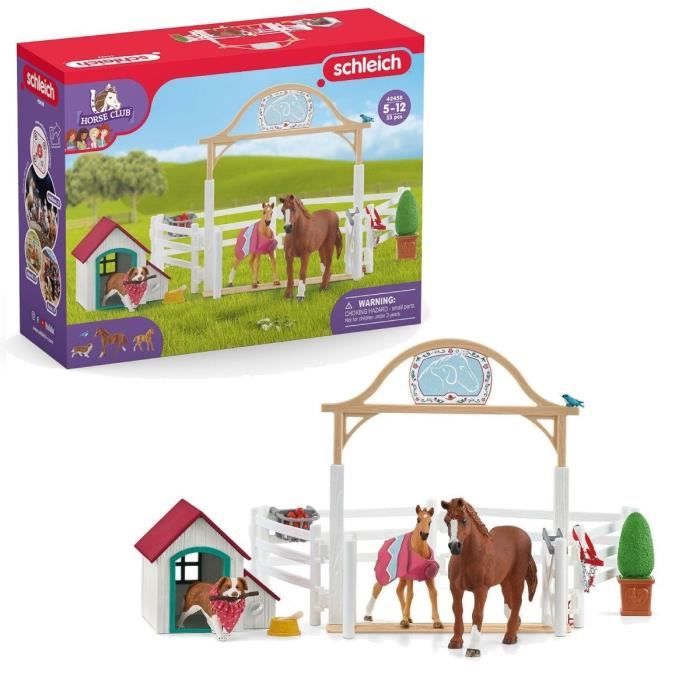 Enclos pour chevaux d'Hannah avec chienne Ruby, coffret schleich avec 20 éléments inclus dont 2 chev