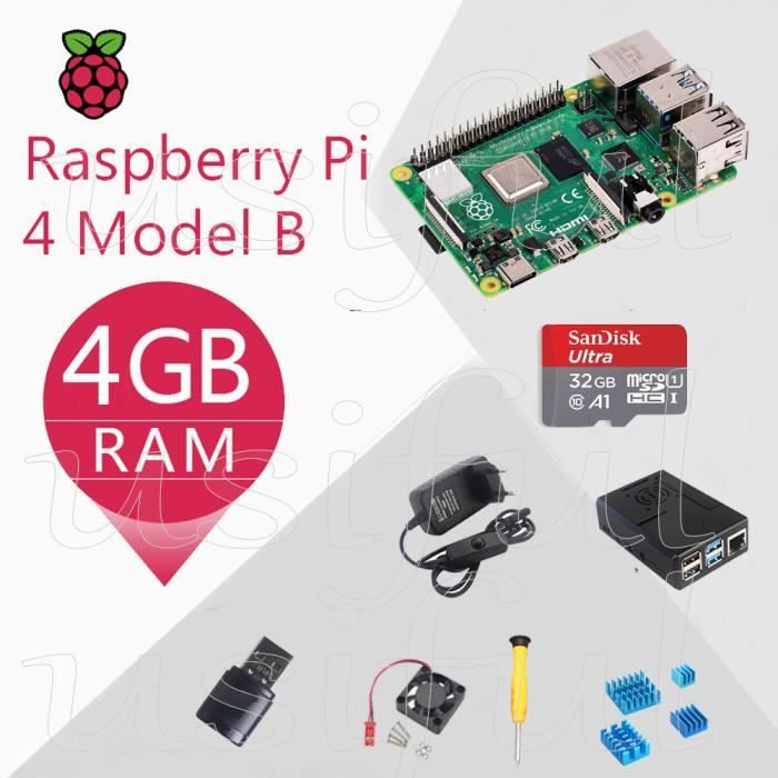 Raspberry Pi 4 Modèle B Starter Kits avec carte micro SD Dissipateur de chaleur alimentation 