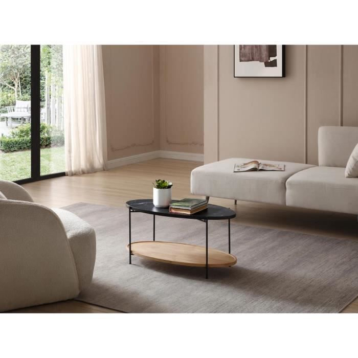 table basse en céramique et bois d'hévéa - effet marbre noir et naturel - fudila