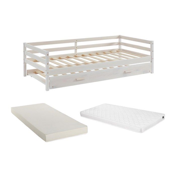 Lit gigogne AEDAN II - 2 x 90 x 190 cm - Pin massif et MDF - Blanchi + matelas Lit gigogne AEDAN II - 2 x 90 x 190 cm - Pin massif et MDF - Blanchi + matelas