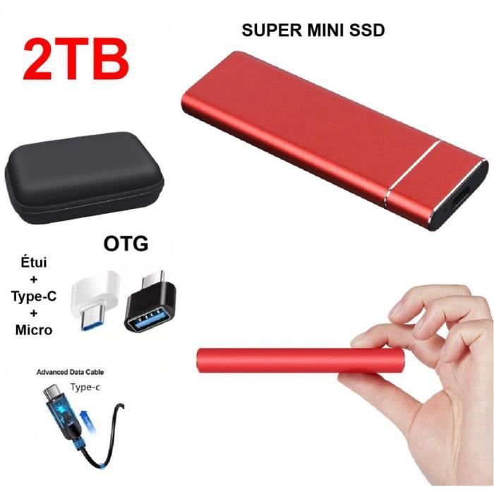 Disque Dur Externe SSD Portable 2TB 2To Rouge avec OTG + Étui Housse Sac de Protection HDD pour PC Ordinateur Téléphone Mobile