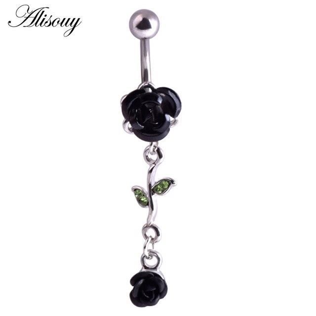 Anneau de nombril,Black--anneaux de nombril en acier chirurgical, couleur argent, fleur Rose, bouton de ventre, Piercing de Bar, bij