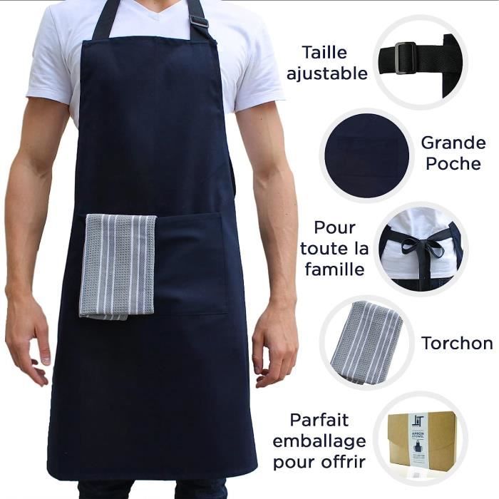 Tablier Cuisine Homme Et Femme - Qualité Supérieure 100% Coton Tablier  Professionnel - Grande Poche Centrale - Sangle Ajustab[u58] - Cdiscount  Maison