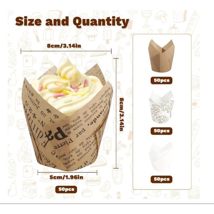 Reykentu Lot 50 Caissettes Cupcake Style Journal Tulipe – Moules Pâtisserie Mariage Anniversaire – Papier Étanche & Élégant Pour Muffins & Gâteaux !