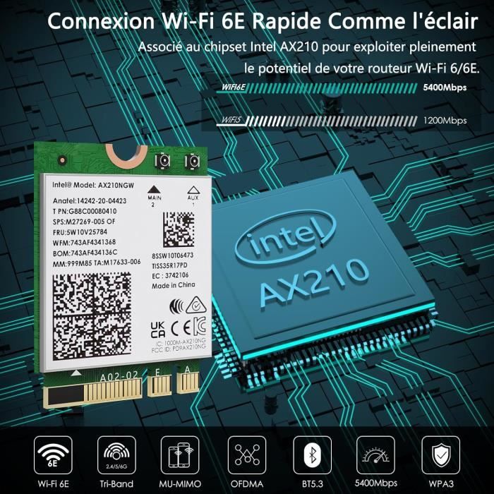 Carte Sans Fil WiFi 6E Intel AX210 NGW Bluetooth 5.2 Adaptateur Réseau