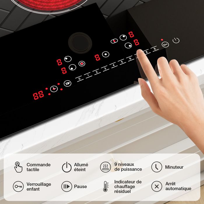 Plaque De Cuisson Vitrocéramique 4 Feux Encastrable Magicplux - 7200W - Zones Duales Et Ovales - Commande Tactile - 12
