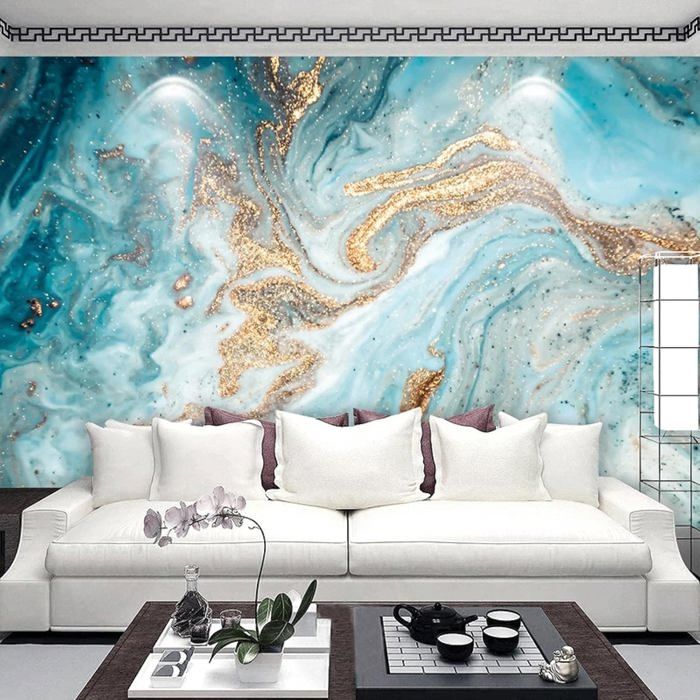 Papier peint 3D Marbre bleu doré Papier peint intissé Décoration Murale Poster Tableaux Muraux Tapisserie Salon Photo art 300x210cm - Bricolage