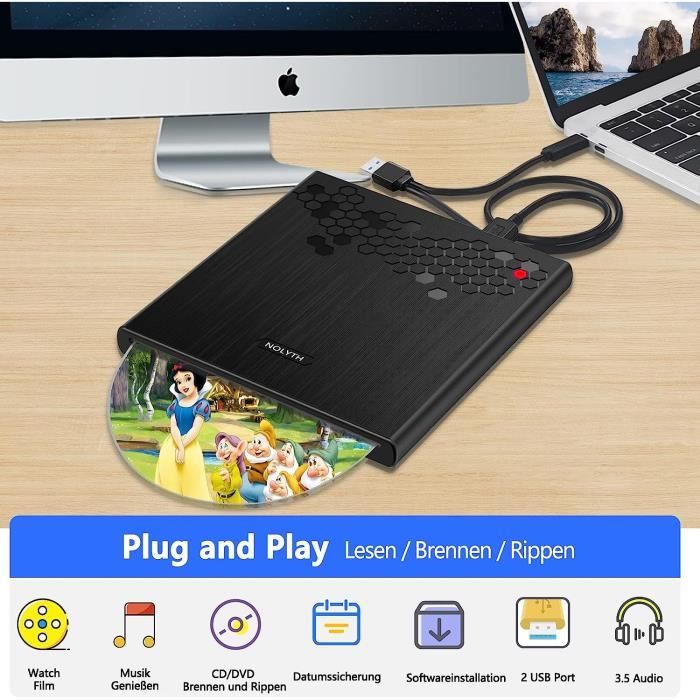 NOLYTH Lecteur DVD Externe USB 3.0 Type-C Portable Graveur CD pour