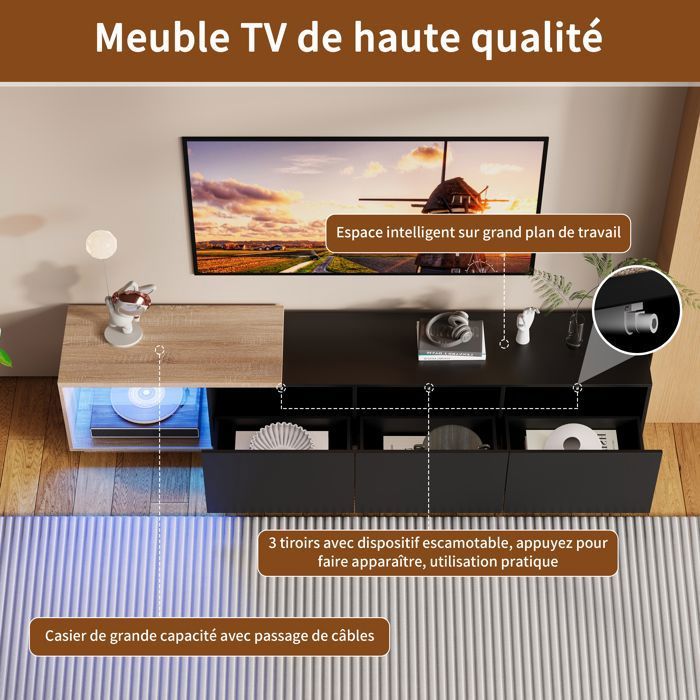 Meuble TV Noir Marmoréen avec Éclairage LED et Rangement, 2 Portes, 2 Tiroirs, MDF (200x38x50cm) | Leroy Merlin