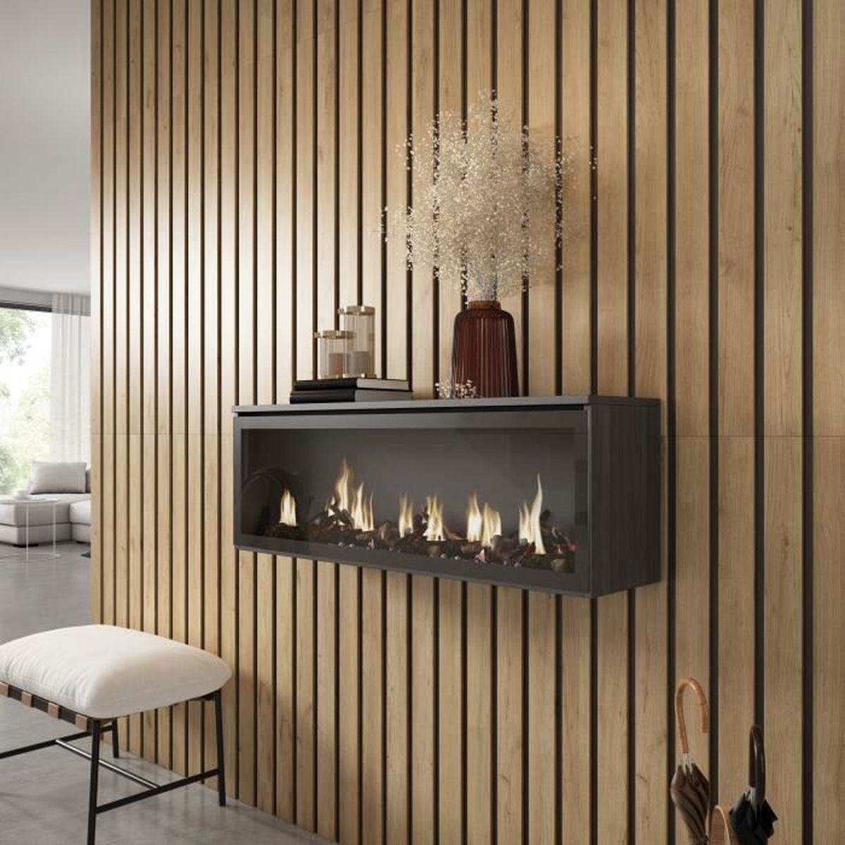 Buffet Salon Et Cuisine, 200x75x35cm, 4 Portes, Cheminée électrique, Ciment