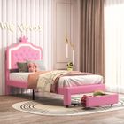 DANS LES NUAGES Lit fille 90x200 cm avec led et tiroir, lit 1 place avec sommier à lattes, style moderne, tissu en PU, rose