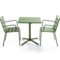 Ensemble table et chaises - OVIALA - Palavas - Vert Cactus - Salon de jardin bistrot rabattable et 2 fauteuils