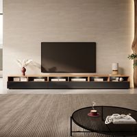 Meuble TV - REDNAW - 300 cm - chêne wotan / noir brillant - 6 niches ouvertes - style moderne - avec LED