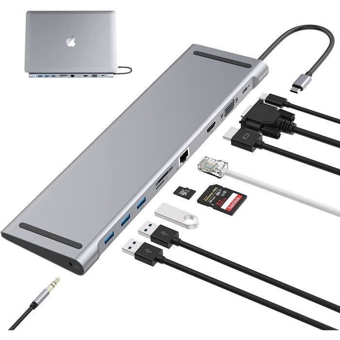 HUB USB C 8 EN 1 Avec HDMI 4K60HZ + PD 100W + 3 X USB A 3.0 + RJ45 1000Mbps + Station D'accueil Pour Lecteur De Carte Mémoire SD + TF