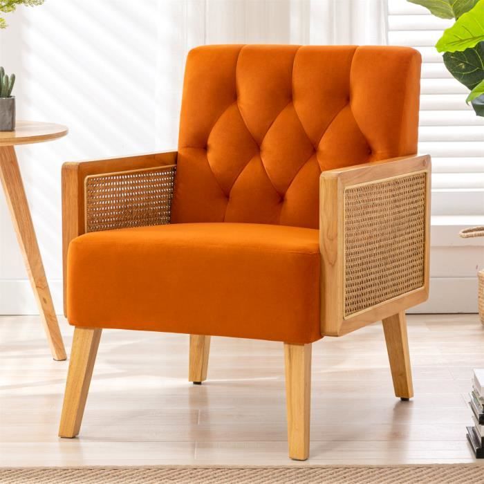 Chaise avec accoudoir respirant en rotin NATUREL décorative de salon , fauteuil de salon rembourré avec pieds en bois d'hévéa.Orange