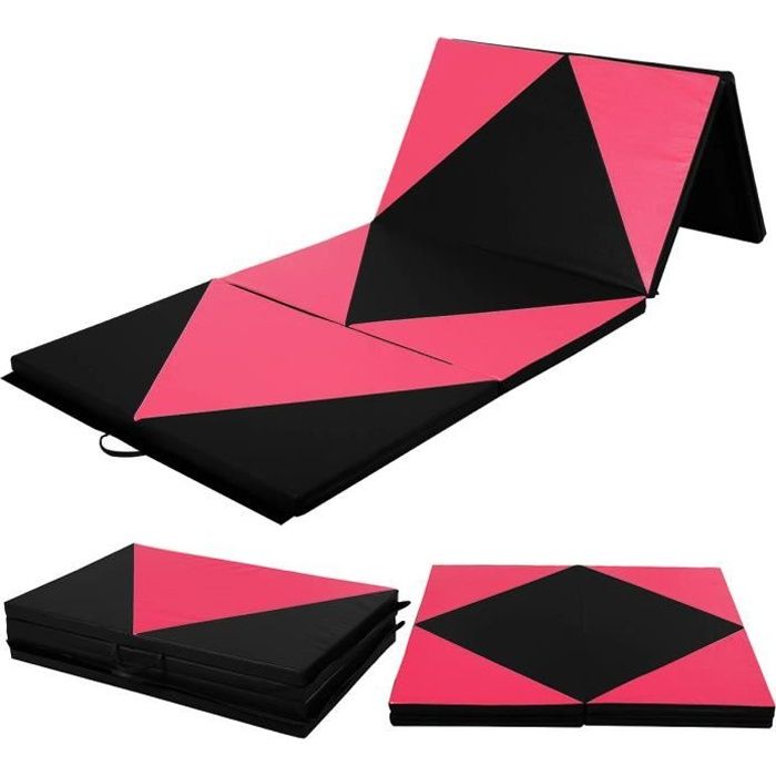 COSTWAY Tapis de Gymnastique Pliable 240 x 120 x 5 cm Matelas de Fitness Portable 4 Plis pour Fitness,Yoga et Sport Rose et Noir