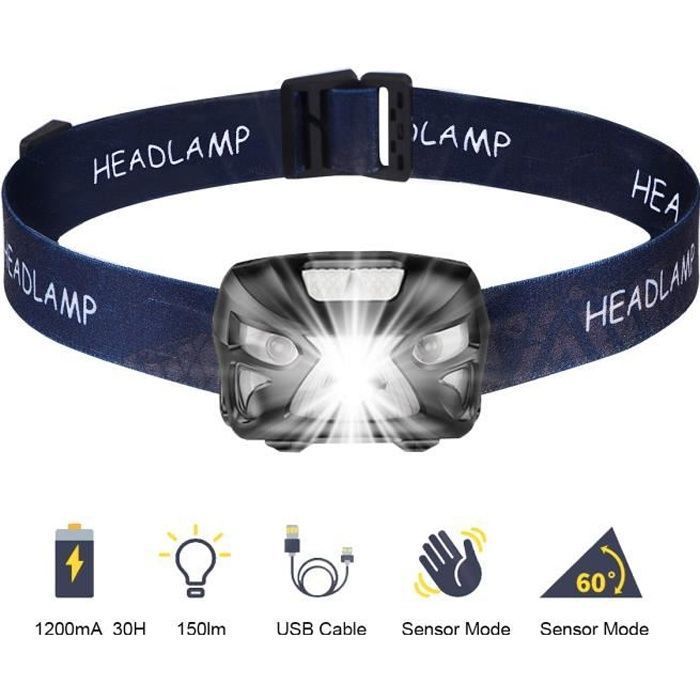 DBA Lampe frontale à LED, lampe frontale rechargeable par USB, étanche, capteur de mouvement infrarouge, 300 Lume