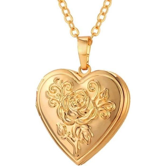 U7 Collier Femme Plaqué Or Jaune Pendentif Médaillon Coeur Motif Rose avec Chaîne Fine Bijoux Tendance Porte-Photo pour Fille (Doré)