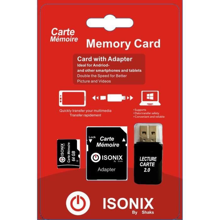 ISONIX Carte Mémoire Micro-sd 64 go Micro SDHC/SDXC + Adaptateur 100% Réel Class 10 + lecture carte