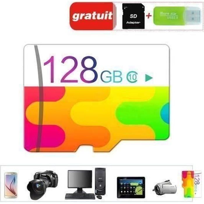 128 Go Carte Mémoire Micro SD 128go Class 10 Adaptateur sd + lecteur de cartes Jaune