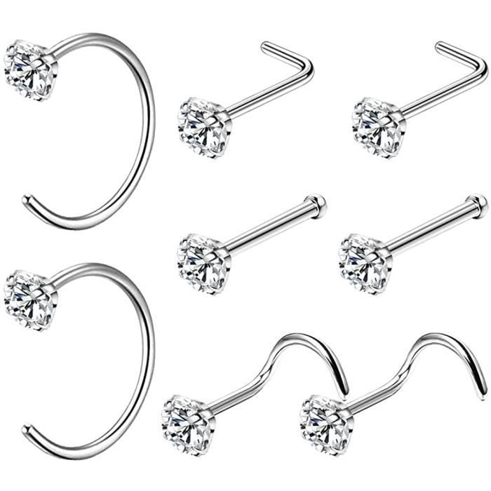 OUFER 8PCS Piercing Nez Ensemble en Acier Inoxydable 316L avec CZ Clou de Nez Bijoux de Corps 20G