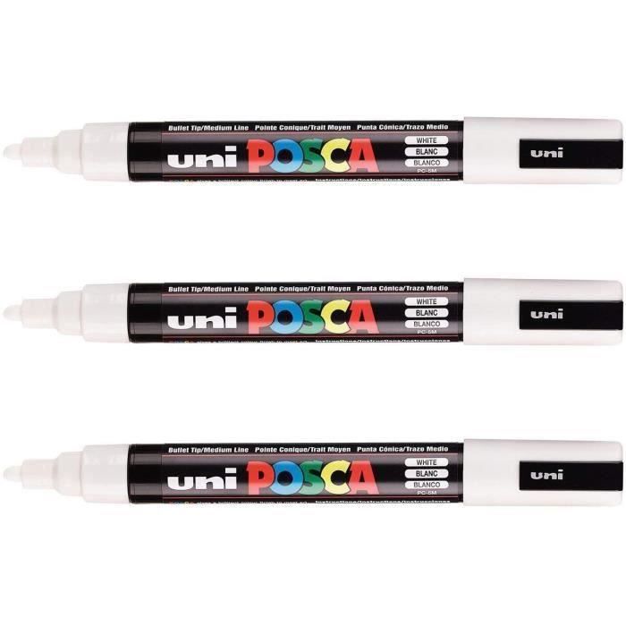 Uni POSCA - 3 Marqueurs Blancs PC5M - Pointe Moyenne Conique - Marqueur Peinture Base Eau - Tout Support - Papier Textile Verre bois