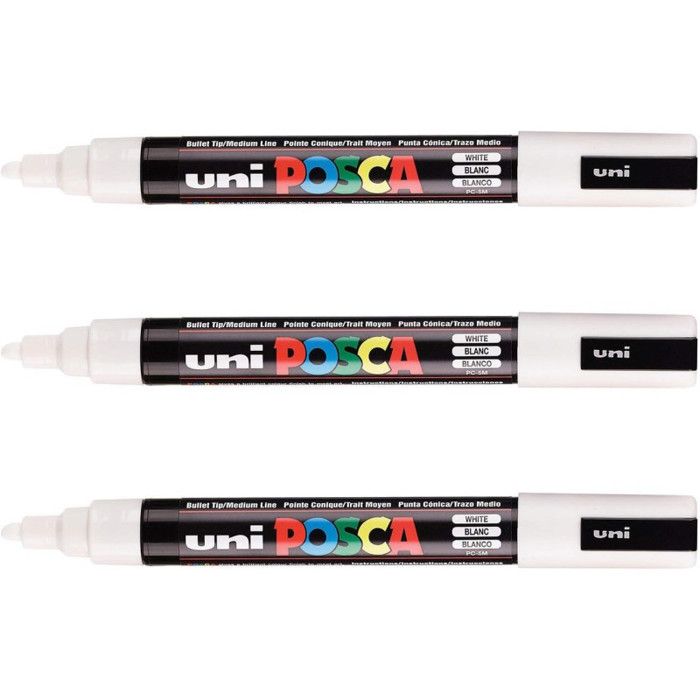 Uni POSCA - 3 Marqueurs Blancs PC5M - Pointe Moyenne Conique - Marqueur Peinture Base Eau - Tout Support - Papier Textile Verre bois