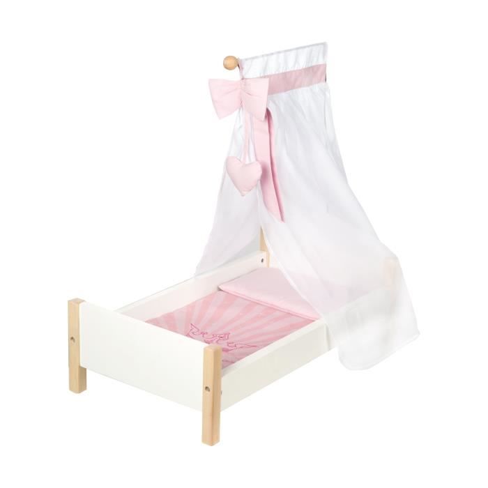 ROBA Lit de Poupée -Scarlett- + Parure et Ciel de Lit - Bois Blanc et Naturel