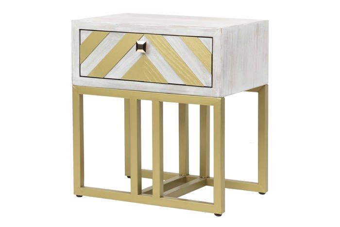 chevet adda home - 411051 - table de chevet, sapin/mdf/fer, blanc delave/dore, 50x34x55 cm