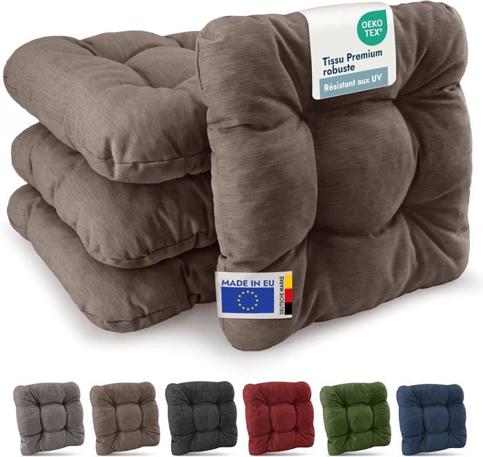 Beautissu HighLux SK – Premium Set de 4 Galette Chaise Jardin Extérieur 35x35 cm Taupe – 8 cm Épaisseur