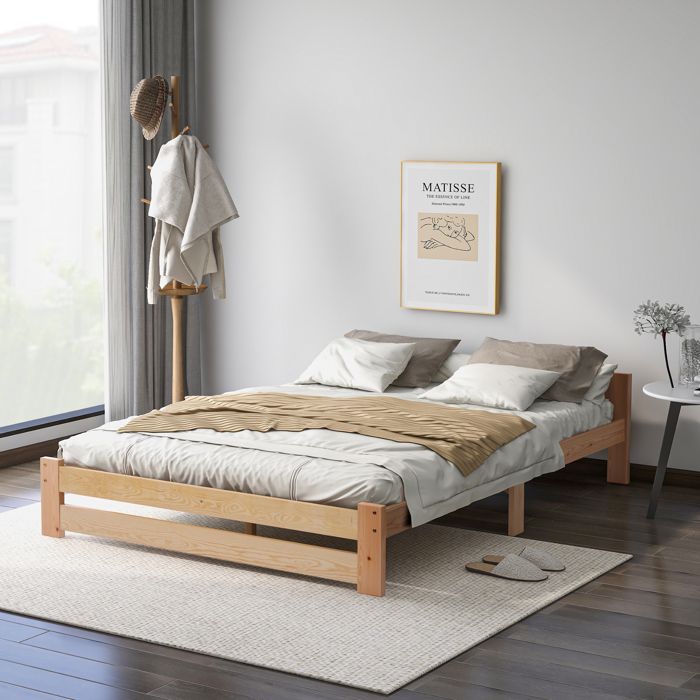 Lit en Bois Massif Massif lit futon Bois Massif lit Naturel avec tête de lit et sommier à Lattes Naturel (140x200cm)
