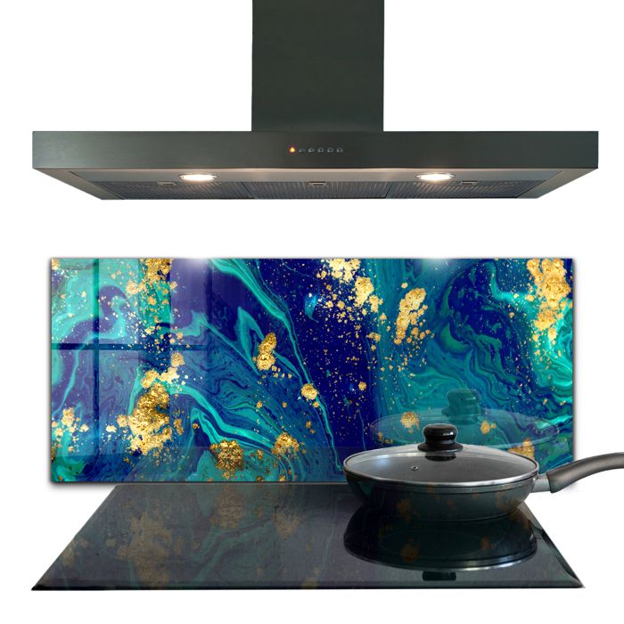 Crédence De Cuisine En Verre - Motif Univers Abstrait, Dimensions 125x50 Cm, Moderne, Bleu Noir