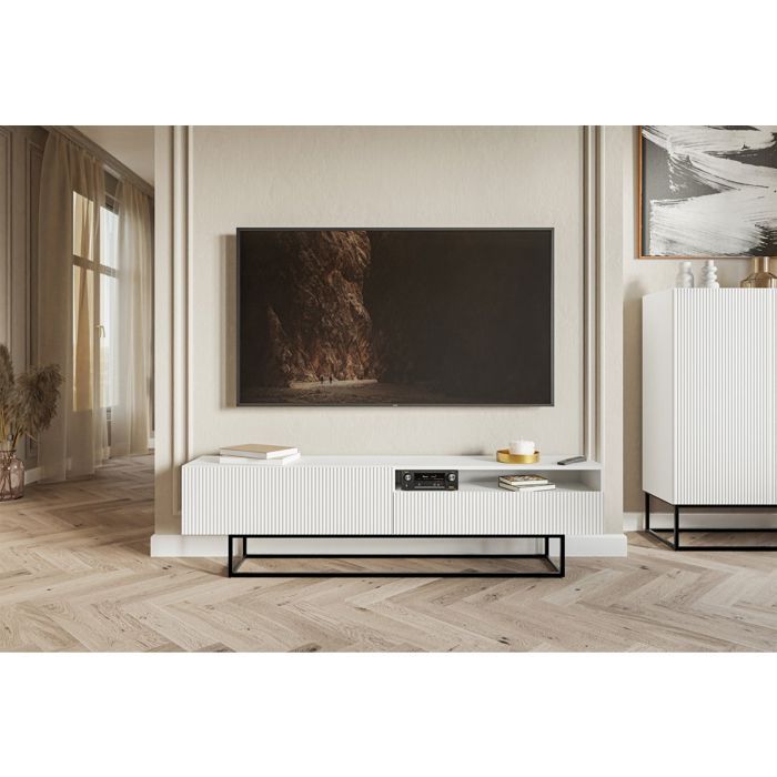 Meuble TV avec niche sur pieds noir - VELDIO - 175 cm - blanc