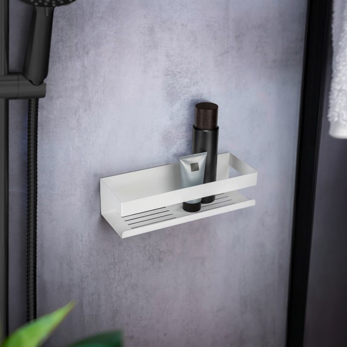 WENKO Étagère Murale de Douche GENOVA Fixation sans Perçage Fente de Drainage Acier Inox Blanc Mat 30x8x10 5 cm