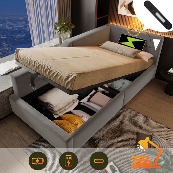 Lit Banquette avec Sommier et Coffre Lit 1 Place pour Adulte et Ado avec USB - Lampe de Lecture - 90x200 - Gris