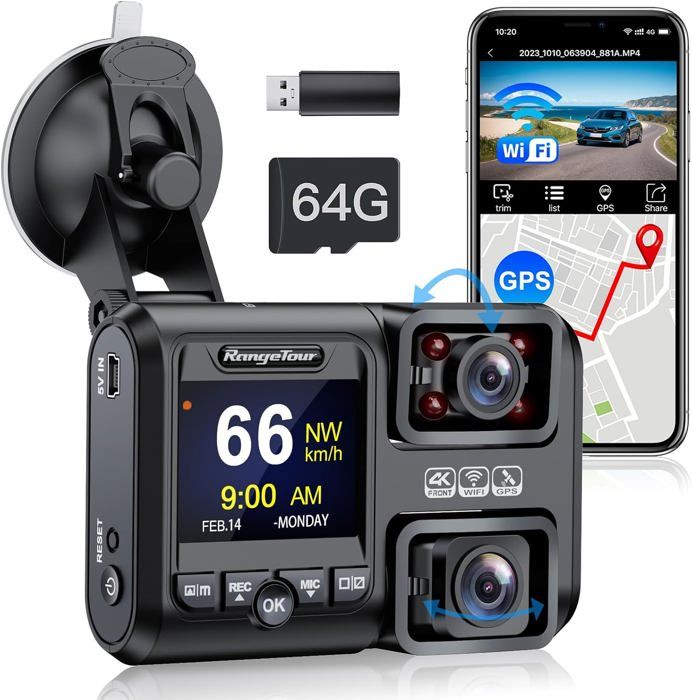 BOTSLAB Dashcam Auto Voor Achter, 4K Dashcam Auto GPS met WiFi, Dubbele Autocamera met 64GB SD Kaart, ADAS, Nachtzicht, 170° Groothoek, WDR, 2.45 IPS, 24/7 Parkeercontrole, Lusopname