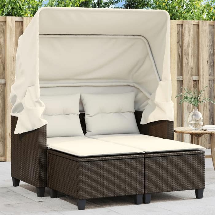 vidaXL Canapé de Jardin 2 Places avec Auvent et Tabourets Siège de Patio Meuble de Terrasse Balco Extérieur Marron Résine 365782