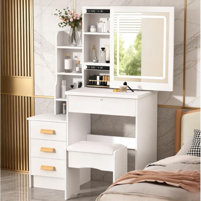 Coiffeuse avec miroir sliding - 4 tiroirs - 80LX37PX130Hcm - LED éclairage3 couleurs -7 étagères - BALNC