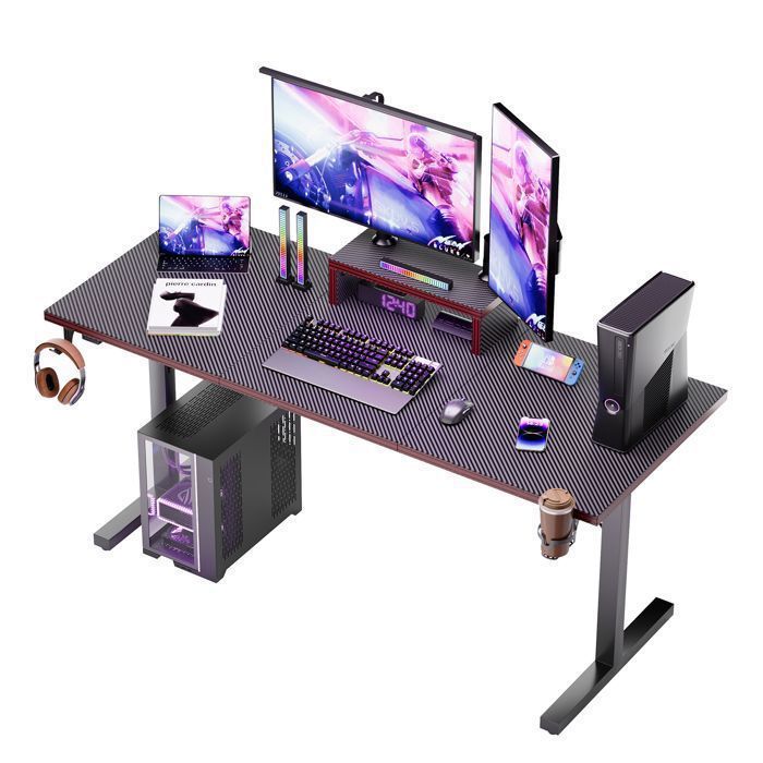 Bureau Gaming Avec Rangement KESSER® Table De Jeu - 160 X 60 Cm - Bureau Gamer En Forme De Z - Crochet Pour Casque Et Revêtement En Carbone - Bureau D'ordinateur Ergonomique Bureau Gaming 140x60