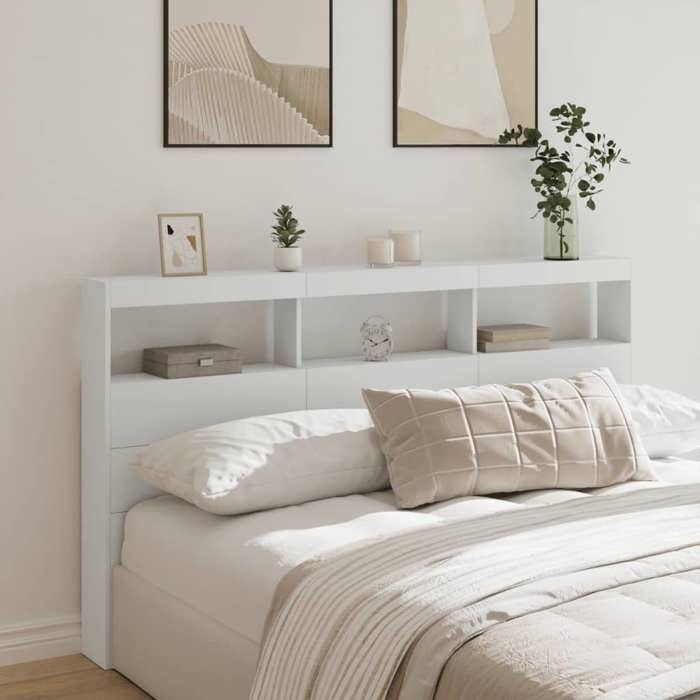 Armoire tête de lit avec LED-Tête de lit avec rangement à LED blanc 180x17x102 cm