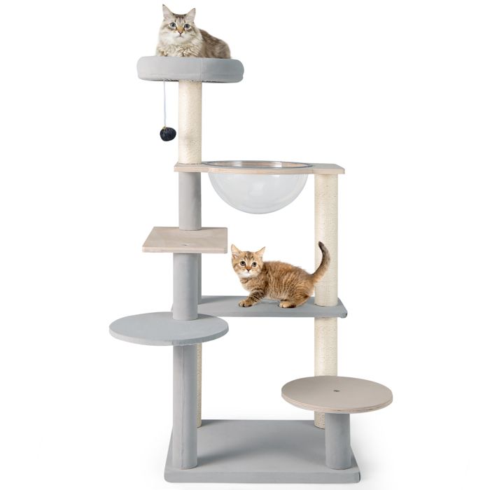Comparer les prix de Arbre à Chat Multi-Niveaux 113 cm COSTWAY, Perchoir Supérieur en Peluche Amovible, Poteaux à Gratter en Sisal, Balle Suspendue