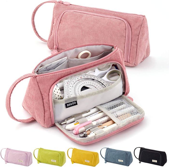 Trousse à Crayons 3 Compartiments En Velours Côtelé – Grande Capacité 22,5x8x12 Cm