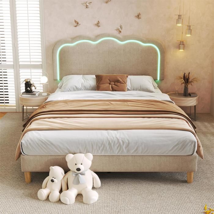 Lit Double LED 140 X 200cm Lin Beige - Rembourré Tête Réglable + Cadre Lattes - Chambre Junior - Sans Matelas Lit Double LED 140 X 200cm Lin Beige - Rembourré Tête Réglable + Cadre Lattes - Chambre Junior - Sans Matelas